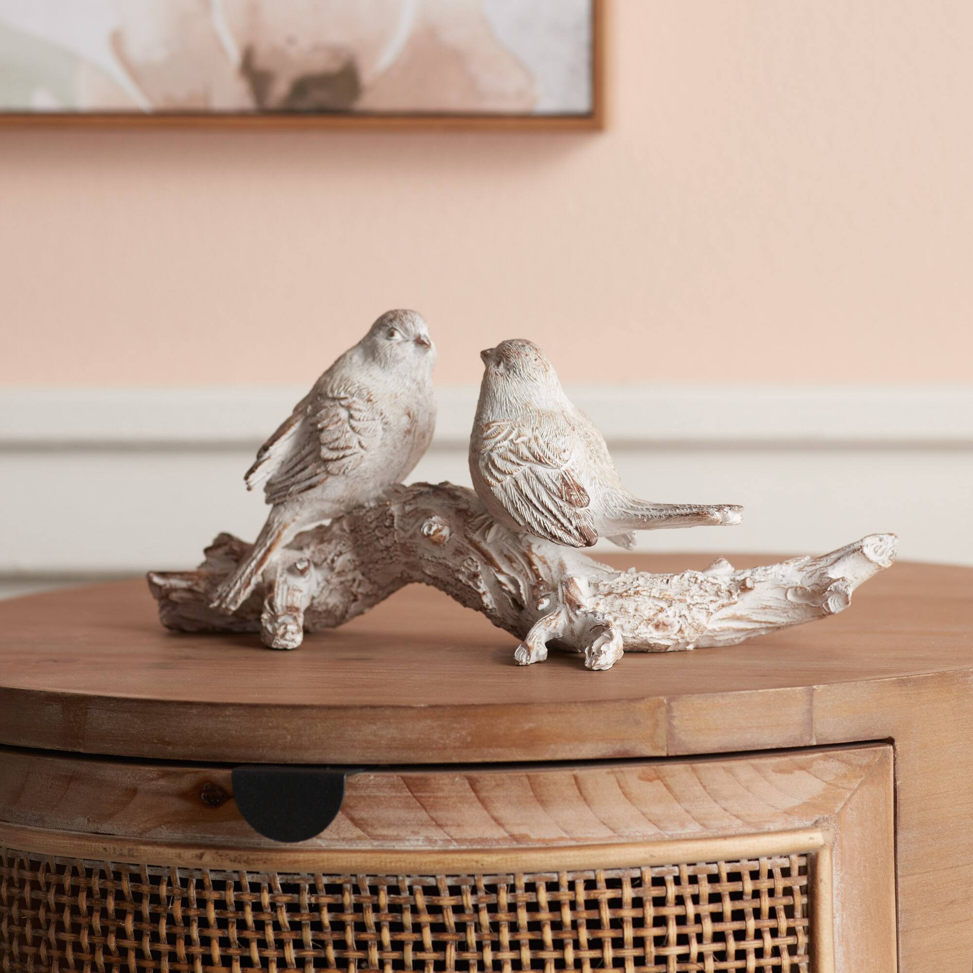 9.5" Whitewashed Birds on Branch Figurine